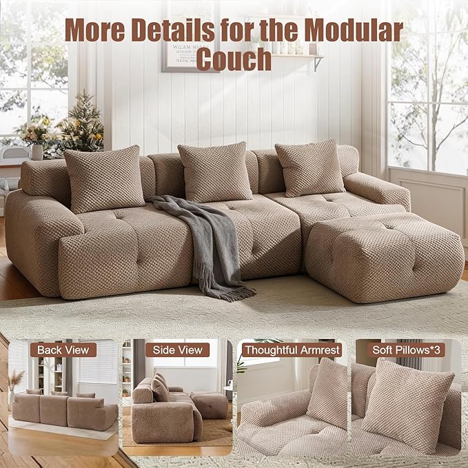 104 Modular Sectional SofaModern L-Shaped Couch Boneless Couch Filling with Spring and Foam Soft Pineapple Lattice Material with Movable Ottoman for Living Room - No Assembly