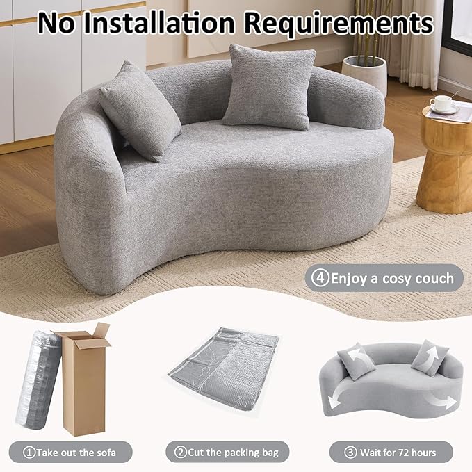 67 Curved Loveseat SofaFull Sponge Compression Sofa Chinese Tai Chi StyleS-Shaped Couch for Small SpacesNo Installation RequirementWood Grain Chenille Fabric （Light Gray67）