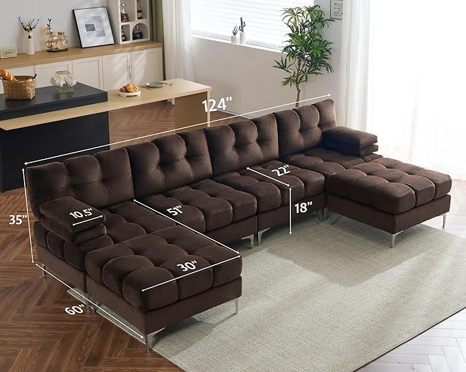 PaPaJet 124 Inch Sectional Sofa 6 Seater Modular Sectional Couch with Metal Legs U Shaped Sofa Couch for Living Room Dark Brown