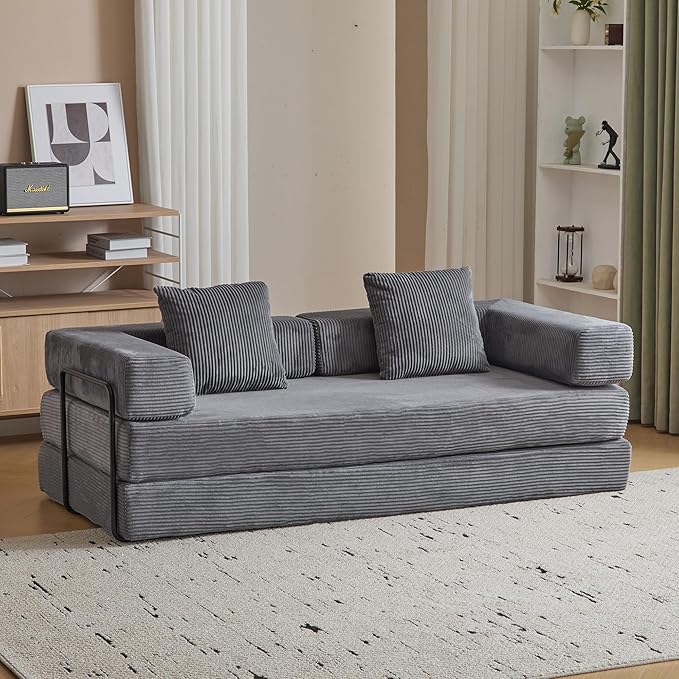 Convertible Sleeper Sofa Bed Compression Folding Sofa with Pillow No Assembly Required Shape Frame Floor Sofas Lounge Couch for Living Room Bedroom Small Spaces(Corduroy 77''W Dark Grey)