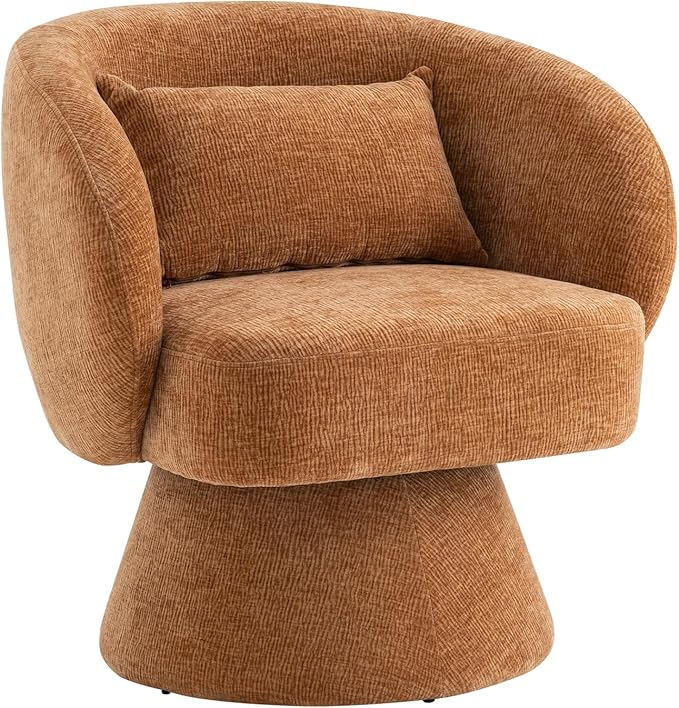 Swivel Accent Chair Sherpa Bucket Chair Velvet Upholstered Armchair 360° Swivel Bucket Shaped Armchair with Pillow and Round Back for Living Room Bedroom Nursery (Orange)