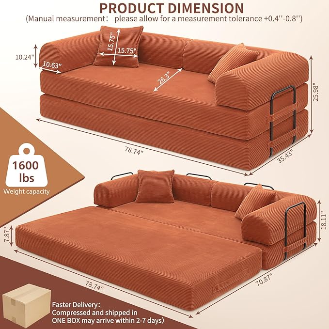 Convertible Sleeper Sofa Bed 1600lbs Weight Capacity Floor Sofa Bed with Fixed-Shape Frame Corduroy Foldable Couch for Small Space Lounge Mattress for Living Room Apartment Game Room (Orange)