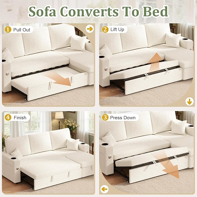 82 Inch L-Shape Sectional Couch 4-in-1 Multifunctional Pull-Out Couch Sleeper Sofa with Storage Chaise Charging Station Cup Holder for Living Room/Office/Apartment (White)