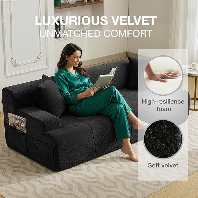 82.7 Modern Velvet Boneless Couch Ultra Comfy 3-Seater Sofa for Living Room Bedroom Home Office No Assembly Required (Black)