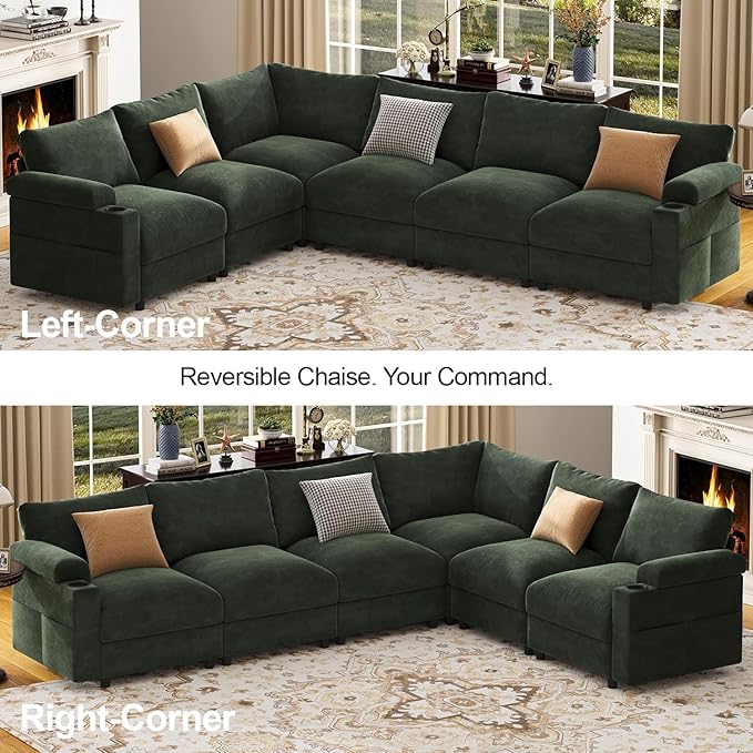 Sectional Couches for Living Room FSC Certified Velvet Modular Couch Oversized Cloud U Shaped Convertible Sleeper Sofa Chaise Detachable Armrest Cushion (Chenille Green L Shape Corner 6 Seat)