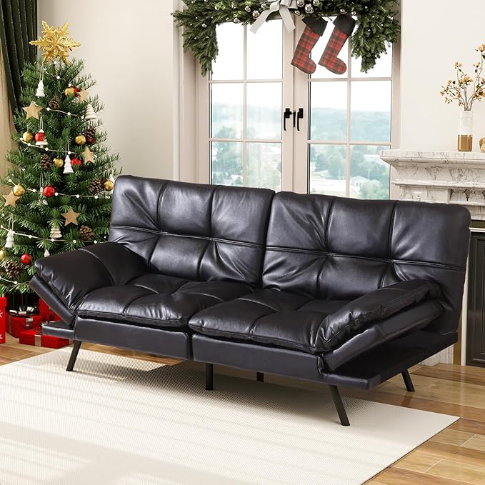 MUUEGM Futon Couch with 71 Adjustable High Density Memory Foam Futon Sofa Bed Modern Design Sofa Bed for Living Room Sleeping and Relaxing(Leather Black)