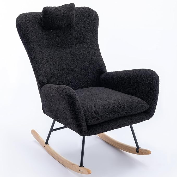 35.5 inch Rocking Chair Soft Teddy Fabric Rocking Chair for Nursery Comfy Wingback Glider Rocker with Safe Solid Wood Base for Living Room Bedroom Balcony (Black)