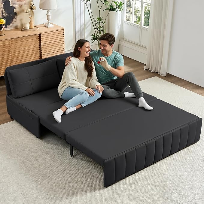 Mjkone 64 Width Queen Size Pull Out Sleeper Sofa Bed Couch 3-in-1 Faux Leather Loveseat Sofa Sleeper Armless Pullout Sofa Couch Bed with Side Pockets for Living Room Apartment Dark Grey