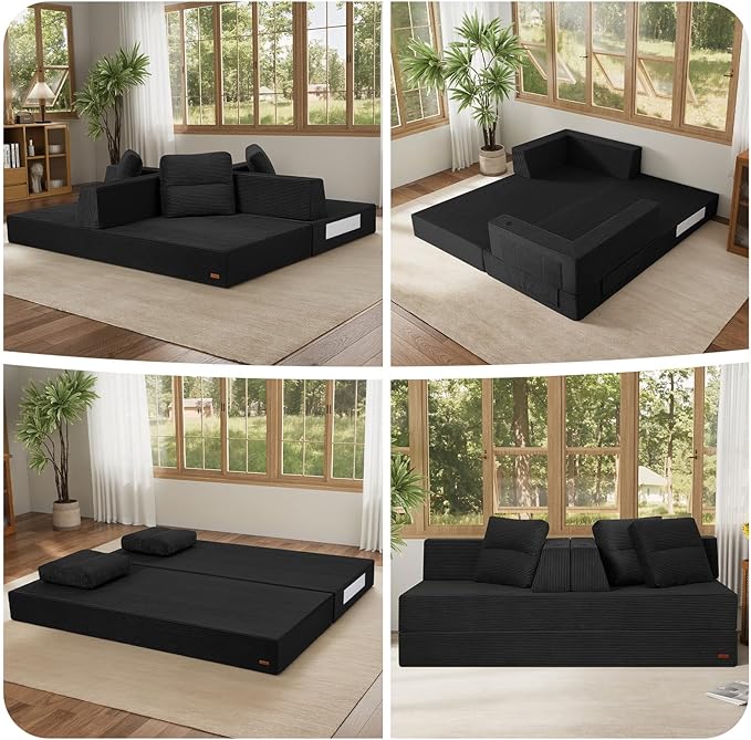COMAX Futon Sofa Bed Queen 79 Convertible Sofa Bed Couches for Living Room 4 in 1 Folding Boneless Sleeper Corduroy Couch Loveseat Foam In a Box Comfy Foldable Lounge Fold Out Floor Mattress Black