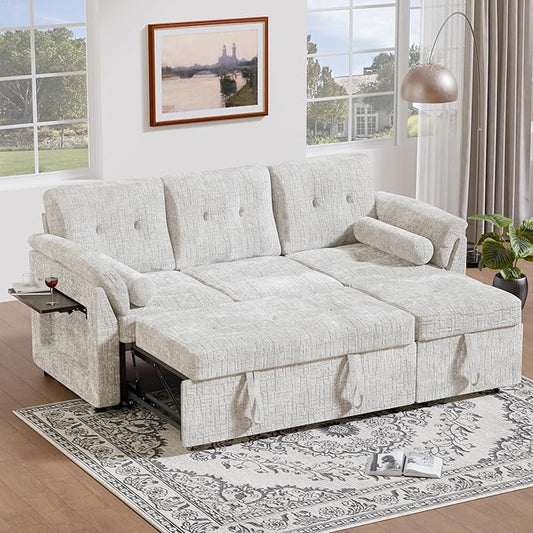 Convertible Queen Sofa Bed 63 Inch Chenille Pull Out Couch with Side Table 3 Seat Pull Out Sofa Bed with Level Adjustable Backrest Comfy Sleeper Sofas for Living Room Apartment Beige