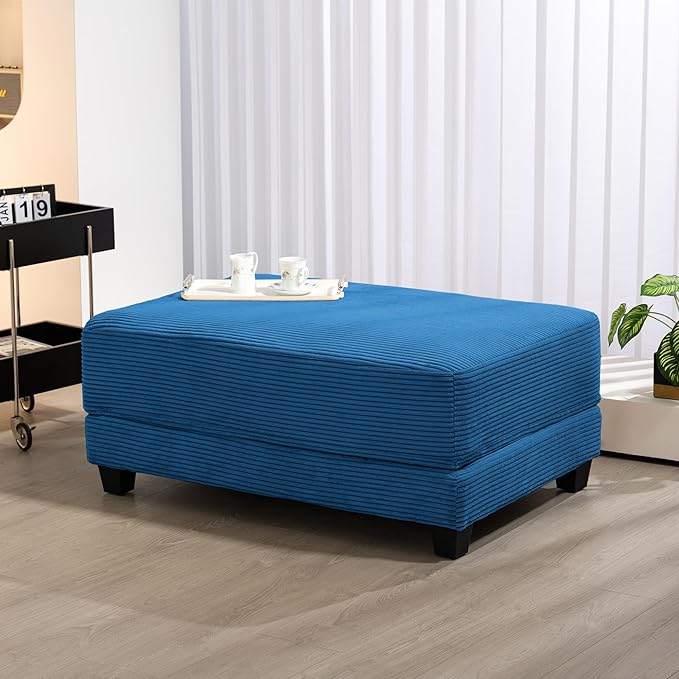 Corduroy Ottoman for Sectional Sofa Modular Footrest with Wooden Legs 43.7 x 29.1 x 18.5 Inches Convertible Furniture for Living RoomBlue