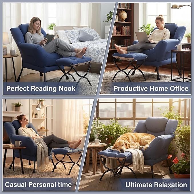Lazy Chair and Ottoman Peach Blue Large Accent Chair with Side Pocket Modern Leisure Upholstered Sofa Reading Armchair with Footrest for Office Bedroom Living Room Dorm Rooms Balcony