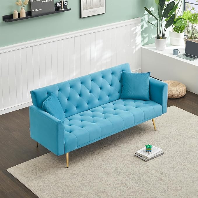 KINFFICT Velvet Futon Sofa Bed with 2 Pillows Convertible Sleeper Sofa Couch with 3 Angle Adjustable Backrest Modern Loveseat with 4 Golden Metal Legs for Living Room and Bedroom
