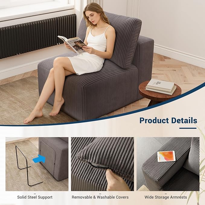 Modern Single Boneless Sofa Couches for Living Room - 39 Cloud Couch - Easy Assembly Cozy Corduroy Convertible Full Sponge Compression Sofas for House Apartment(Grey)