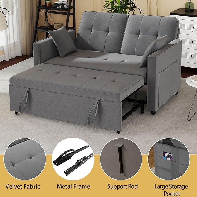 Grey Convertible Sofa Bed: 3 in 1 Sleeper Sofa Couch Bed Pull Out Couch with Adjustable Backrest Velvet Convertible Loveseat Sleeper for Living Room (Grey)