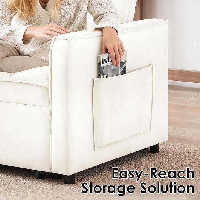 Dreamzie 3 in 1 Convertible Sleeper Sofa Bed Pull Out Couch with Side Pocket Loveseat Sleeper for Living Room with Adjustable Backrest (Beige)