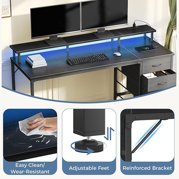 DUMOS Computer Desk with 4 Drawers4 Drawer Gaming Desk with with Power Outlets and LED LightsOffice Desk for Small Spaces with Monitor ShelfWriting Desk for Home Office BedroomStudy 39 Inch Black