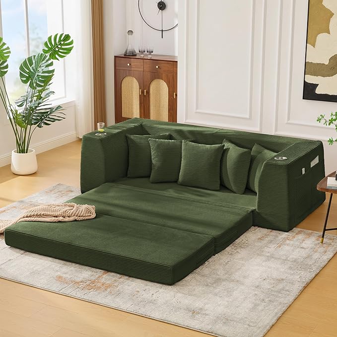 KEIKI 82 Corduroy Modular Sectional Sofa Bed with 5 Pillows &amp 2 Side Pocket &amp 2 Cup Holders Convertible 3-Seater Sleeper Couch with Memory Foam Cushion No Assembly Required for Living Room