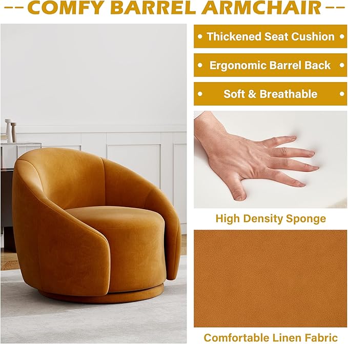 UIXE Swivel Accent Chair Velvet Barrel Chair Upholstered Arm Chair for Living Room Modern Round Club Chair with Turntable Base - Orange Set of 1
