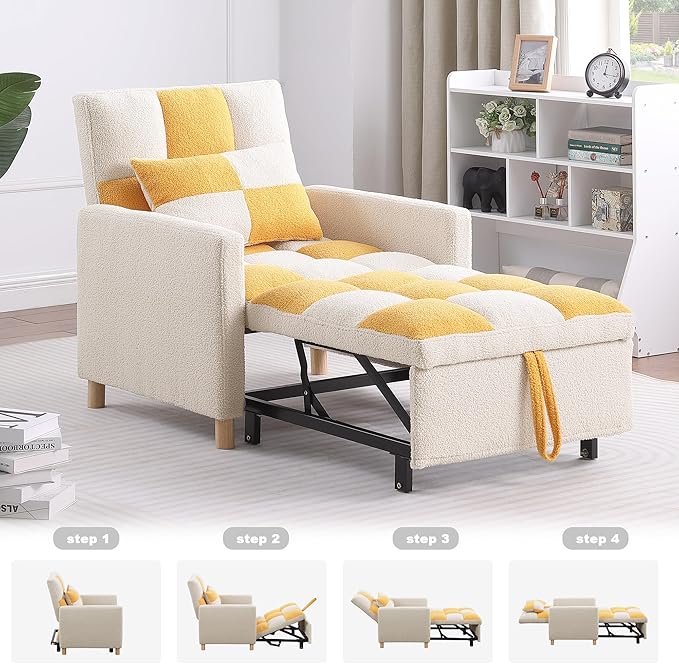 Sleeper Chair Bed Multi-functional Convertible Chair Sleeper Teddy Fabric Adjustable Single Pull Out Sofa Bed with Lumbar for StudioDorm Apartment BedroomOfficeLiving Room (Beige&ampYellow)
