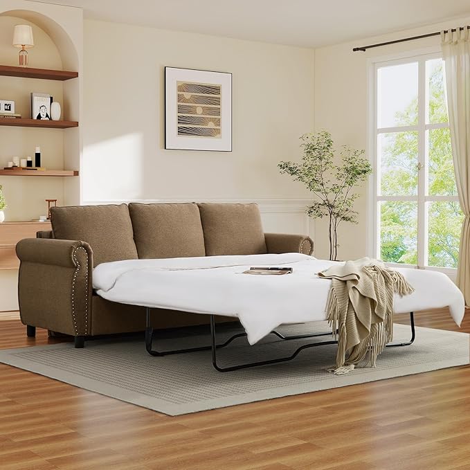 Queen Pull Out Sofa Bed 2-In-1 Pull Out Couch Bed with Memory Foam Mattress &amp Riveted Rolled Armrests 3 Seater Convertible Sleeper Sofa Foldable Couch for Living Room Bedroom Apartment(Brown)