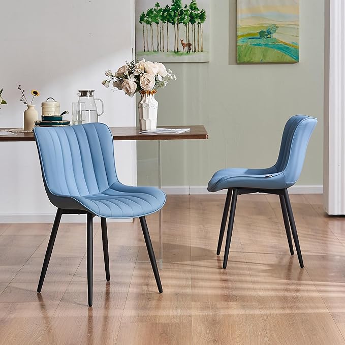 YOUNUOKE Mid-Century Modern Dining Chairs Set of 2 Blue PU Leather Upholstered Kitchen Chairs with Black Metal Legs Armless Accent Chair for Dining Room Guest Reception Room