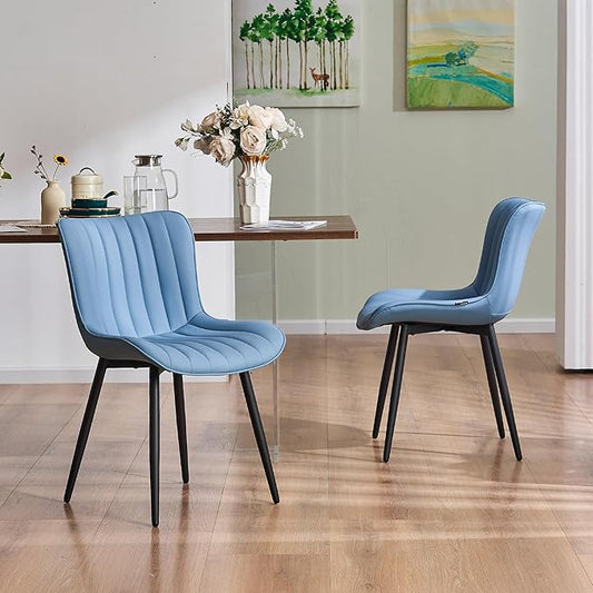 YOUNUOKE Mid-Century Modern Dining Chairs Set of 2 Blue PU Leather Upholstered Kitchen Chairs with Black Metal Legs Armless Accent Chair for Dining Room Guest Reception Room