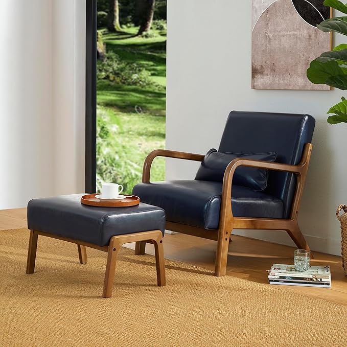 Glitzhome Accent Chair and Foot Stool Set Leatherette Armchair with Walnut Rubberwood Legs and High Back Footrest Ottoman for Living Room Lounge Navy Blue