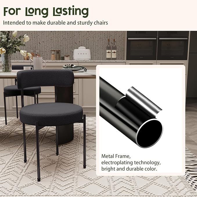 Boucle Dining Chairs Set of 6 Teddy Upholstered Dining Room Chairs Kitchen Chair with Metal Legs Mid Century Modern Chair for Dining Room Kitchen (Black Frame+Black 6)