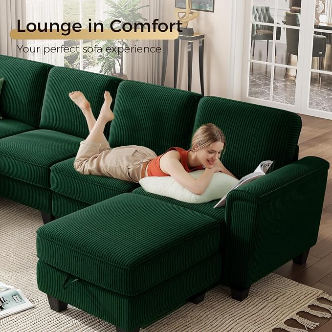 KKL Modular Sectional Sofa Couch for Living Room 106 Inches L Shaped Couch with Storage 5 Seater Corduroy Home Sofas Modern Couches with Chaise for Apartment Sofas para Sala Dark Green