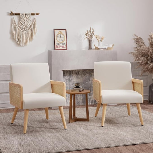 Accent Chair with Rattan Arms Set of 2 Dining Chair with Wood Legs Modern Armchair for BedroomLiving Room and Kitchen Lounge Chair Reading Chair Beige