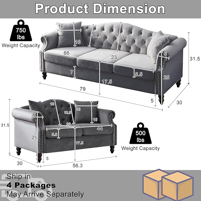 2 Piece Modern Grey Velvet 79 3-Seater and 57 Loveseat Sofa Sets Chesterfield Button Tufted Nailhead Combination Couch with 4 Pillows Trimming Curved Backrest &amp Rolled Arm Sofa for Living Room