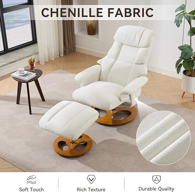 Elegant Chenille Massage Chair with 5 Point Vibration Massage360°Swivel Lounge Chair with OttomanDurable Structure Chaise Lounge with Adjustable Backrest for Living RoomOfficeStudyWhite