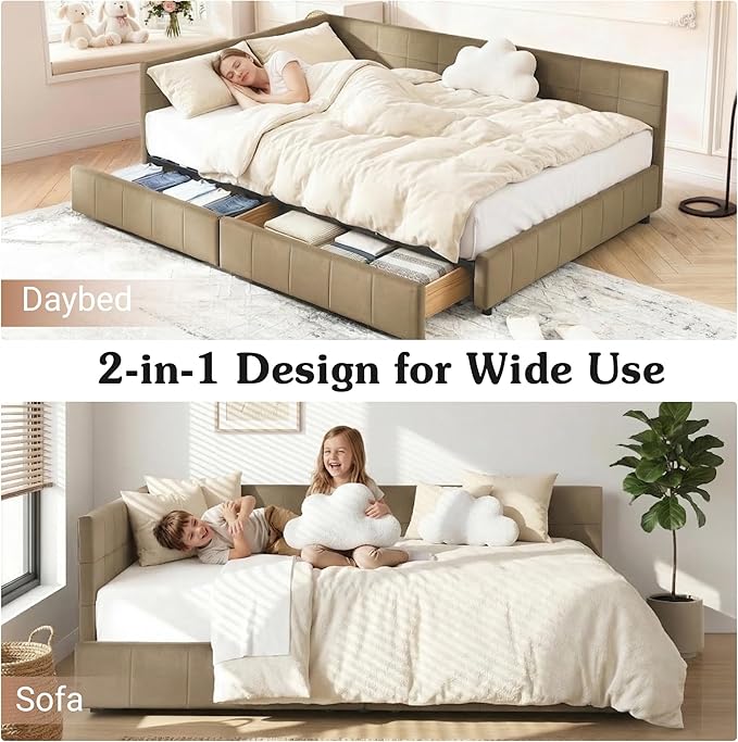 Queen Corner Bed Frame with Storage Drawers Modern Velvet Upholstered Sofa Day Bed Frame with Wood Slats for Living Room Bedroom Guest Room No Box Spring Needed Brown