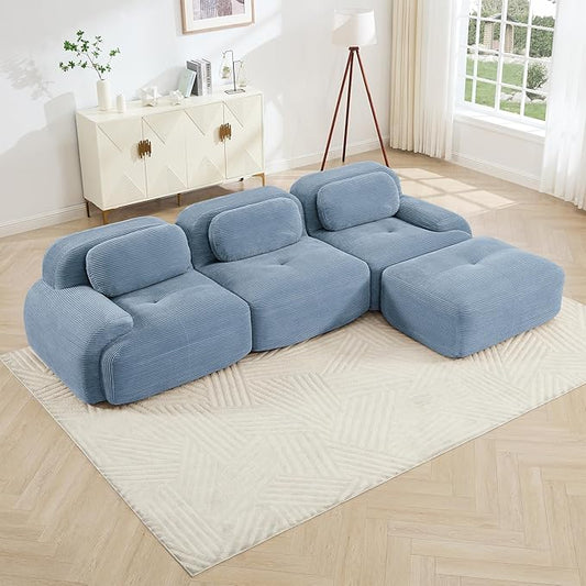 Cloud Sectional Couch Boneless L Shaped Couch 117.3'' Modular Sectional Sofa with Ottoman Modular Cloud Sofa 3 Seater Corduroy Deep Seat Couches for Living Room No Assembly Couches Blue