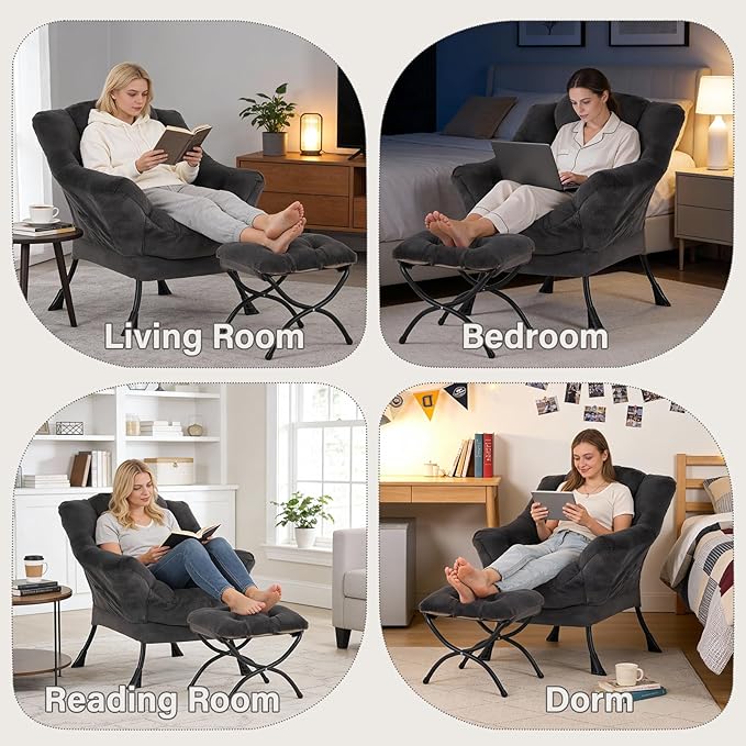 Lazy Chair with Folding Ottoman Modern Accent Lounge Armchair with Armrests and a Side Pocket &amp Foldable Footstool Leisure Reading Chair for Living Room Bedroom Dorm &amp Office Plush Navy