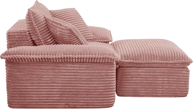 Oversized Armchair with Ottoman Corduroy Reading Chair for Bedroom &amp Living Room Modern Floor Sofa Chair Comfy Lazy Lounge Chair No Assembly Required Pink