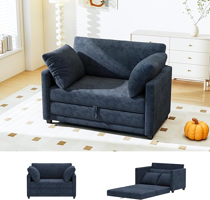 51 Convertible Sofa Bed 2 in1 Folding Sofa Bed Loveseat Sleeper Sofa for Small Spaces Fold Out Floor Couch with 2 Pillows for Apartment Living Room &amp Guest Room Deep Blue Chenille Fabric