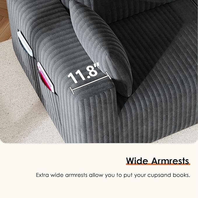146 Oversized Boneless Couch Modular Sectional Couches for Living Room U-Shaped Deep Seat Chaise with Side Pockets No Assembly Required Plush Corduroy Fabric Sleeper Sofa Dark Gray