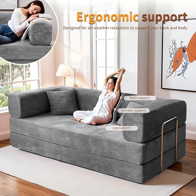 79 Inch Convertible Sofa Bed Couch in Box 5 in 1 Folding Modular Boneless Couch with Pull Out Bed 2 Pillows Soft Corduroy Floor Futon Lounge Loveseat Sleeper Lazy Cama No Assembly Light Grey