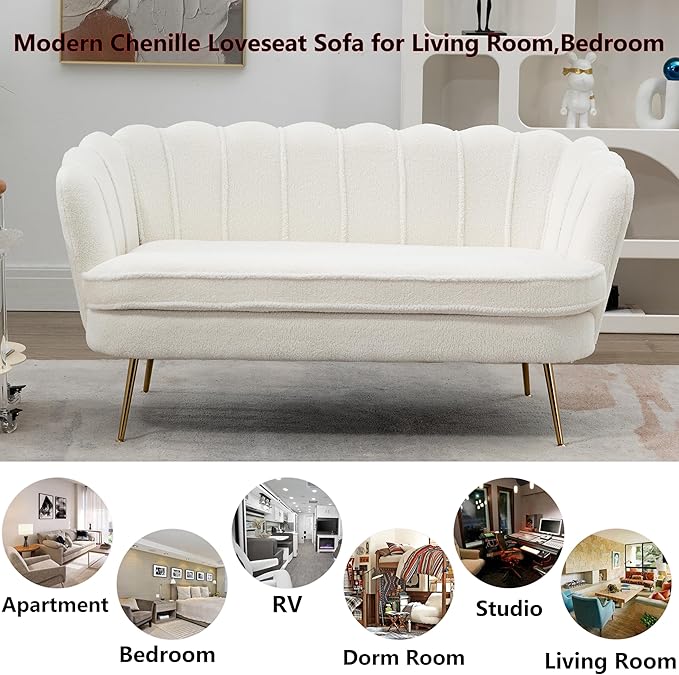 Boucle Small Sofa Couch for Small Spaces Living Room Bedroom59 Loveseat Couches with Gold Metal LegsChannel Tufted 2 Seater Sofas with Curved Back and Arms for ApartmentRV