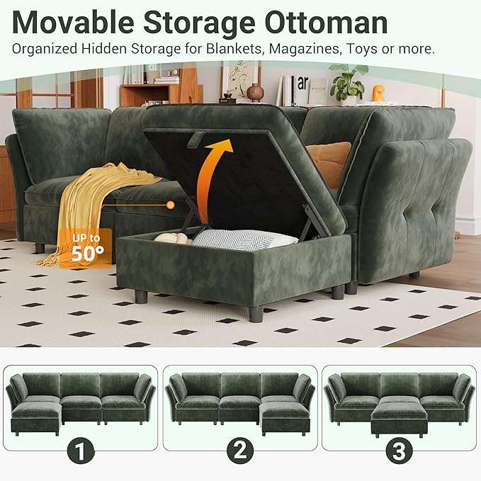 97 Modular L-Shaped Sectional Cloud Couch with Storage Ottoman - Velvet Deep Seating Sofa Set with Pillows Convertible 3-Seater for Living Room Apartment Office (Green)