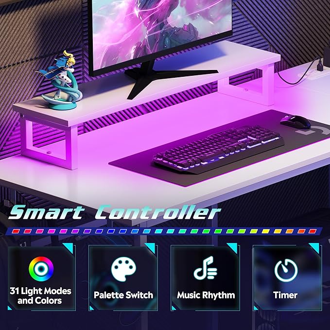 DEVAISE 47 Inch L Shaped Gaming Desk with LED Lights &amp Power Outlets Corner Desk for Small Spaces Sturdy PC Computer Table with Storage for Home Office White