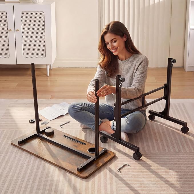YESHOMY Standing Desk Adjustable Height 32 Inch Small Portable Rolling Desk with Wheels Cup Holder Tablet Upright Groove for Office Sofa Bedroom Rustic Brown