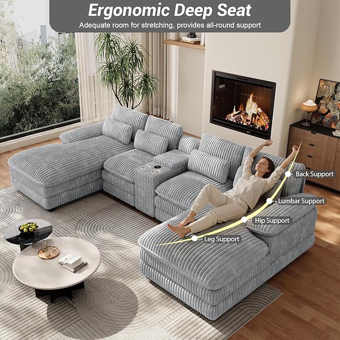 132 U Shaped Cloud Couch SectionalFluffy Plush 4 Seat Corduroy Sectional Couches for Living RoomComfy Corduroy Sofa with Double Chaise Lounge Storage Console Cup Holders USB Port（Grey）