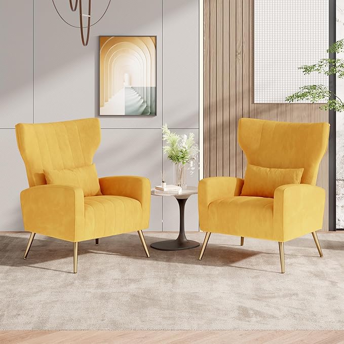 Nalupatio Modern Accent Chairs for Set of 2 Upholstered Velvet Fabric Reading Chair Mid Century Arm Chair Comfy Armchair for Living RoomYellow