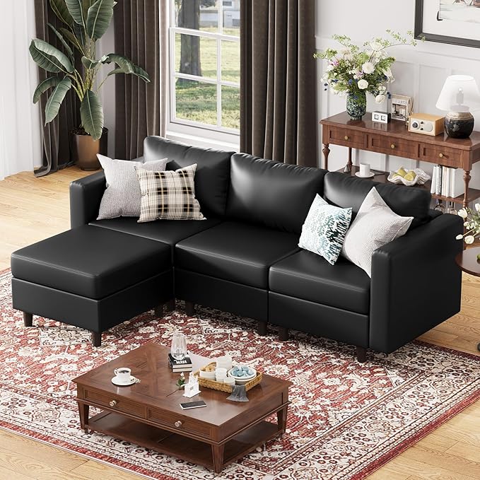 ABCASA 91.5 Faux Leather Modular Sectional Sofa L Shaped Couch Set for Living Room 3-Seater Comfy Cloud Couches with Movable Storage OttomanDIY Combination - Black