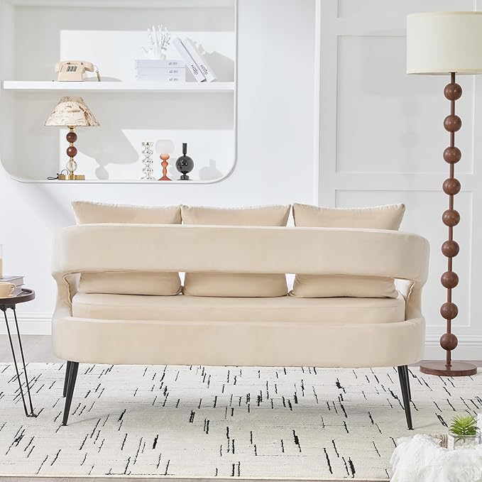 53.7 Modern Velvet Loveseat Sofa with 3 PillowSmall Comfortable 2 Seat Sofa with Metal Legs Small Couch for Living RoomBedroomOfficeReceptionBeige