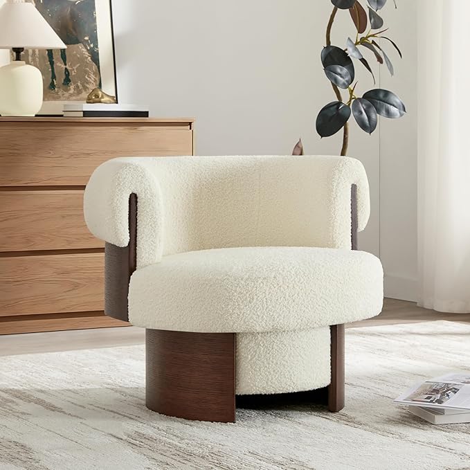 Scott Living Scrolla Boucle Upholstered 360° Swivel Accent Chair Teddy Fleece Swivel Barrel Chair Modern Vanity Chair for Living Room Bedroom Beige