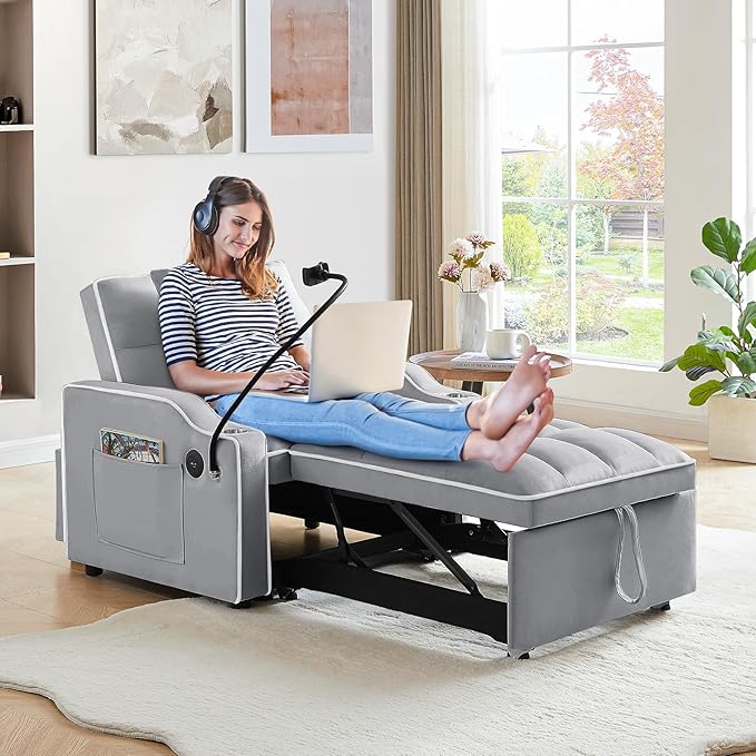 KINFFICT Sleeper Sofa Chair Bed Convertible 3-in-1 Armchair Adjustable Sleeper Chair with Pullout Bed Single Lounger Futon with Side Pockets for Living Room (Grey)